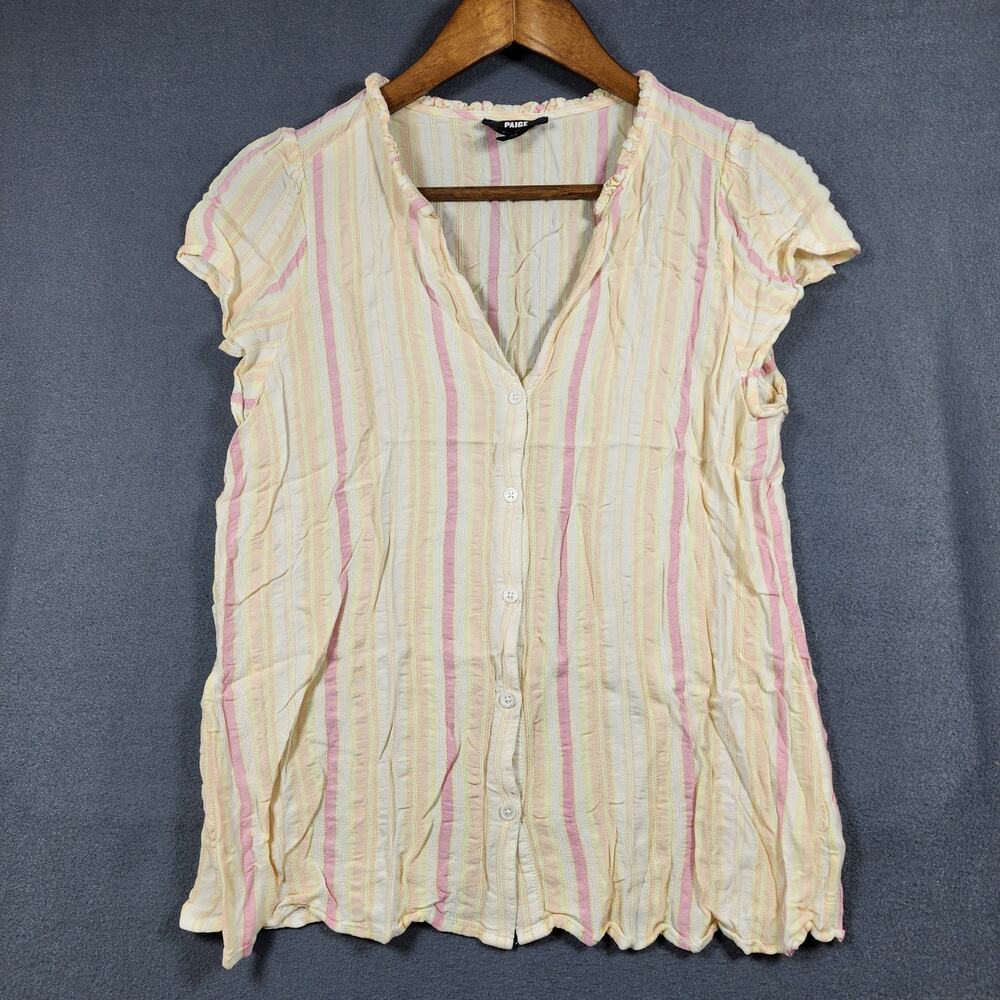 Paige Womens Top Size Large Remy Ruffled Neckline Tropical Citrus Pastel Stripes